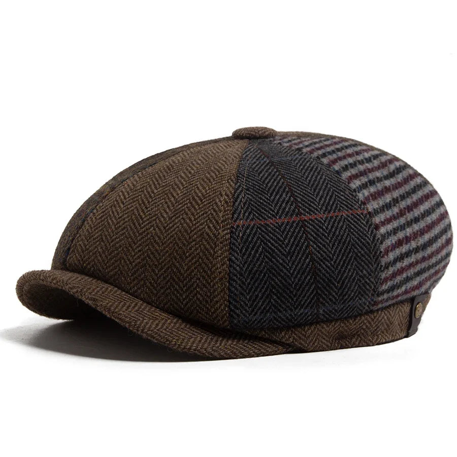Vintage Newsboy Cap Men Herringbone Plaid Patchwork Pattern Women Beret Autumn Winter Warm Male Flat Caps Octagonal Hat Elastic