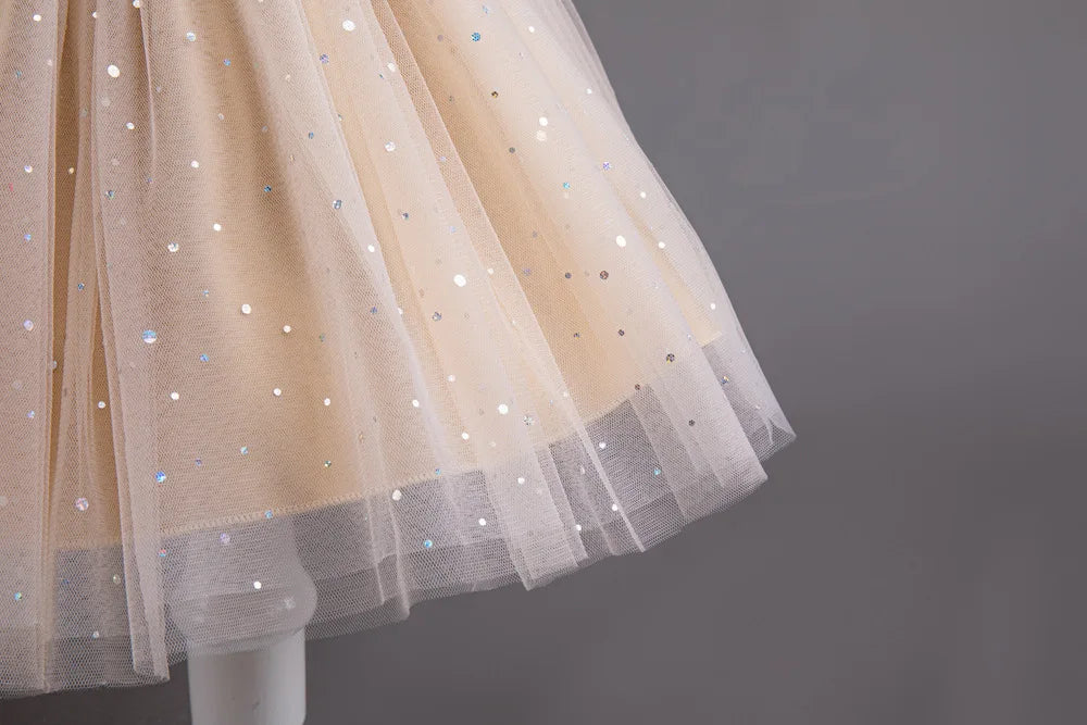 Summer Girls' New Bow Sequin Flying Sleeves Mesh Fluffy Skirt Piano Competition School Graduation Ceremony Dress
