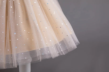 Summer Girls' New Bow Sequin Flying Sleeves Mesh Fluffy Skirt Piano Competition School Graduation Ceremony Dress