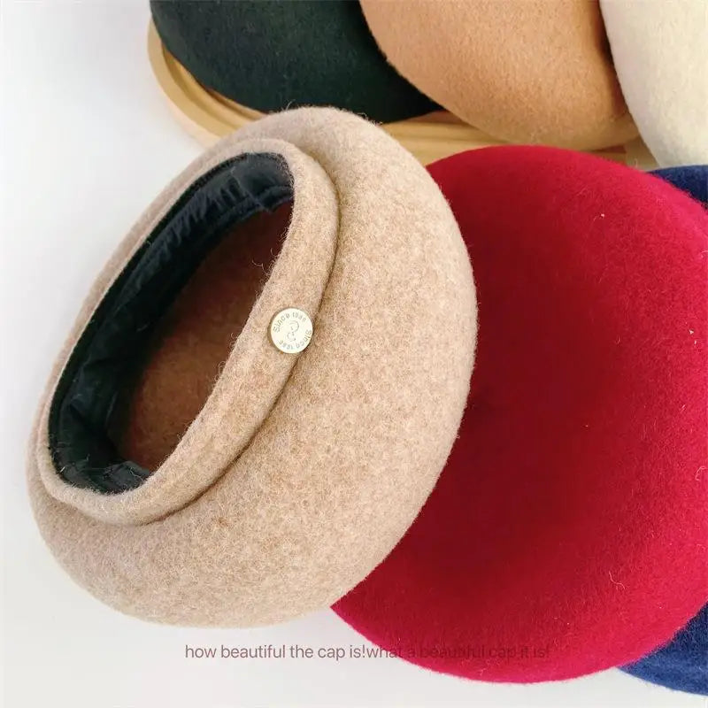 Women French Art Retro Wool Felt Autumn Solid Colors Warm Winter Beanie Hat Beret Cap For Female