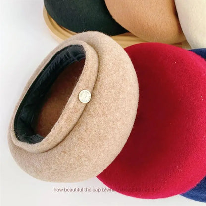 Women French Art Retro Wool Felt Autumn Solid Colors Warm Winter Beanie Hat Beret Cap For Female