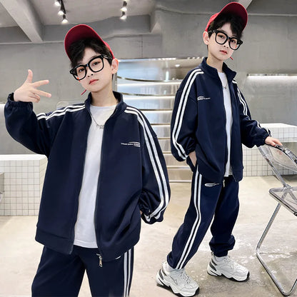 Spring Autumn Boys Navy Striped Zip Sweatshirt Coats+Sweatpant Sets School Kids Tracksuit Children Outfit Jogging Suit 3-14Yrs
