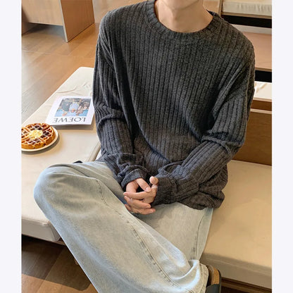 Autumn Long Sleeved T-shirt Men Oversized Fashion Casual Striped T Shirt Men Streetwear Korean Loose Round Neck Tshirt Mens Top