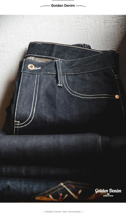 Vintage Embroidered Denim Jeans for Men Amekaji 15oz Heavy Baggy Jeans Original Cowboy Casual Pants Straight Trousers