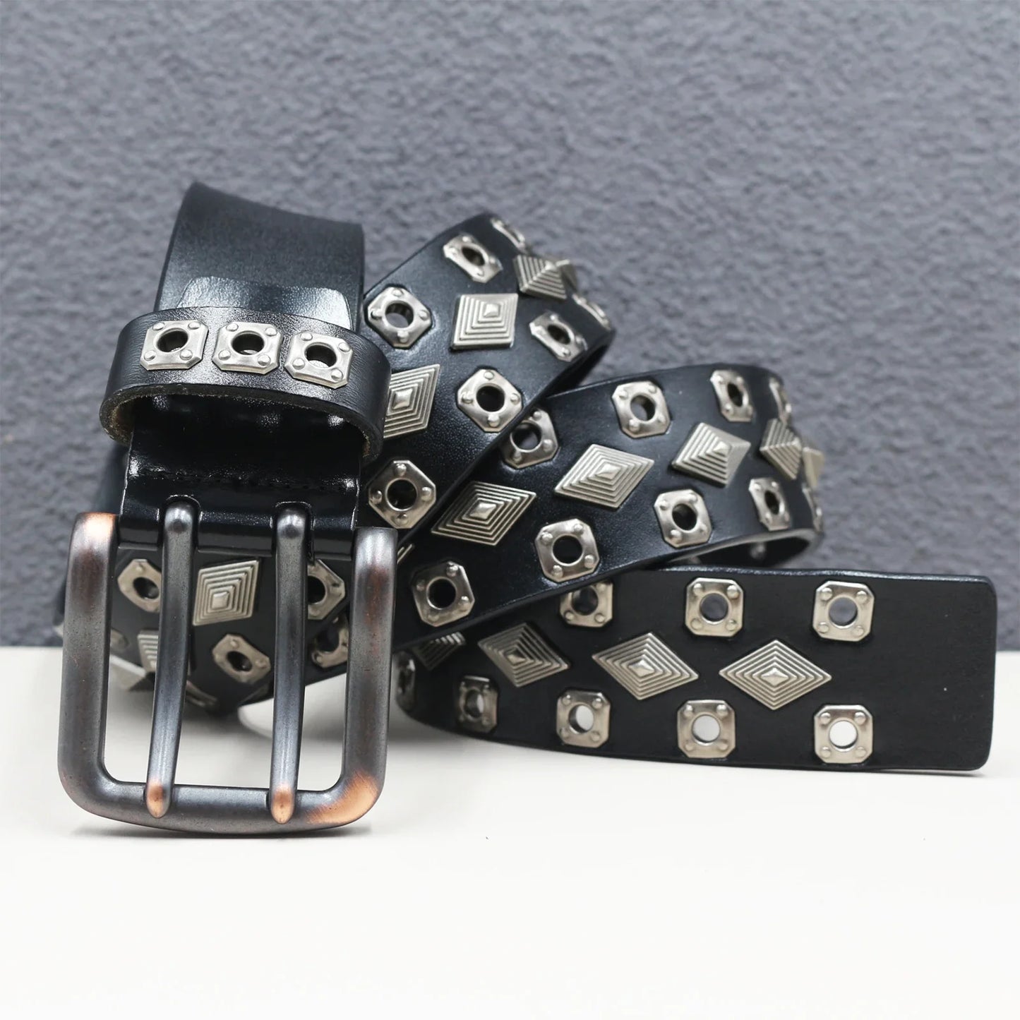 Rock Genuine Leather Luxury Punk Belt Jeans Heavy duty Hollow manual  Designer Brand Belt Men Rivet Three-pin buckle Belt Male