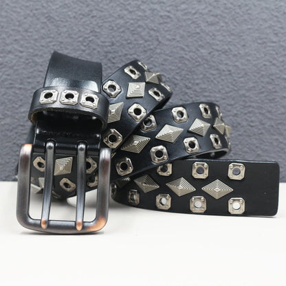 Rock Genuine Leather Luxury Punk Belt Jeans Heavy duty Hollow manual  Designer Brand Belt Men Rivet Three-pin buckle Belt Male
