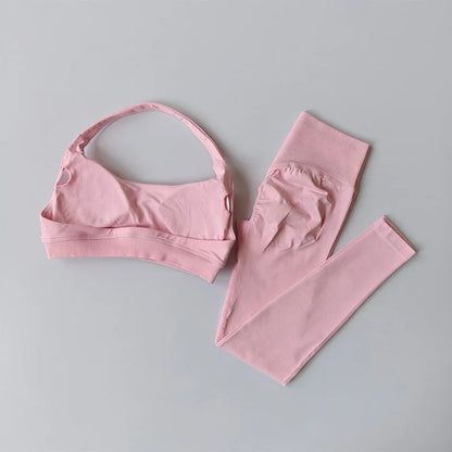 Sports Suit Women's Running 2PCS Set Seamless Yoga Thin Straps Beautiful Back Fitness Bras Gym High-waisted Peach Leggings Sets