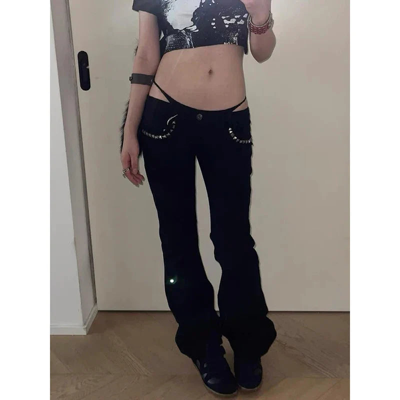 Women Low Rise Jeans Black Flared Denim Pants Gyaru American Retro Korean Cyber Punk Trumpet Jeans Y2k Skinny Bell Bottom