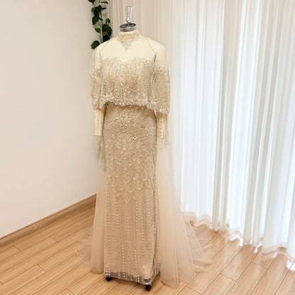 Beaded Mermaid Evening Dress for Women 2026 Elegant High Neck Long Sleeves for Women Wedding Party Gown Customized