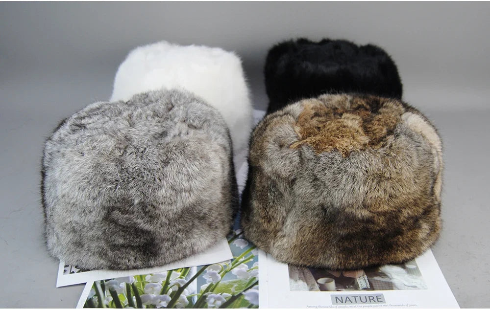 2026  Unisex Winter Russian Outdoor 100% Genuine Rabbit Fur Caps Warm Real Rabbit Fur Bomber Hat Natural Quality Rabbit Fur Hats
