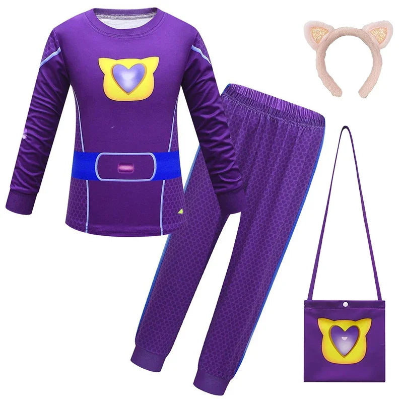 Children SuperKitties Halloween Cartoon Boys Cosplay Costume Super Kitties Buddy Girls Cos Suits Mask Bag Kids Birthday Clothing