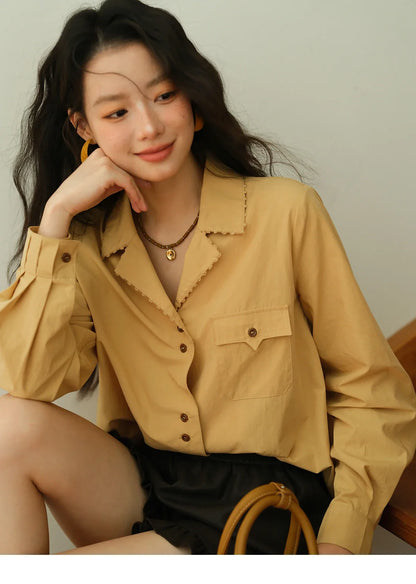 Women's Retro Yellow Lapel Cotton Shirt 2025 Autumn Loose Casual Top Contrasting Button with Pocket Shirts MXE41C2356