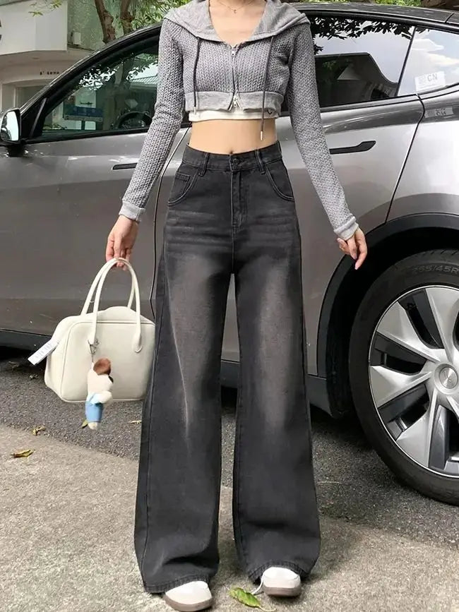 Casual High Waist Jeans Denim Loose Fit Personality Vintage Black Gray Straight Leg Wide Leg Trousers Women Women's pants