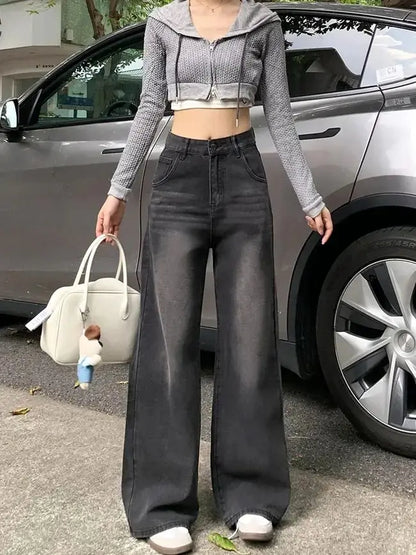 Casual High Waist Jeans Denim Loose Fit Personality Vintage Black Gray Straight Leg Wide Leg Trousers Women Women's pants