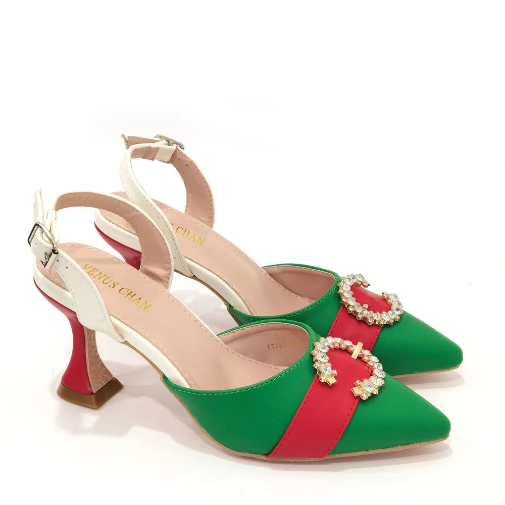 2022 Italian Design Leather Colorblock Pointed Toe High Heel Women's Sandals Fashion Everyday Matching Shoes and Bag Sets
