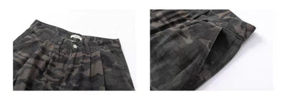 plus Size American Retro Camouflage Casual Work Pants Women's Loose Wide Leg Jeans Autumn New Sle High Waist Zipper Closure