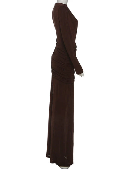 Folds Maxi Dress Women O-Neck Full Sleeve Solid Banquet Elegant Vacation Fashion Autumn Skinny Casual Simple Vestido