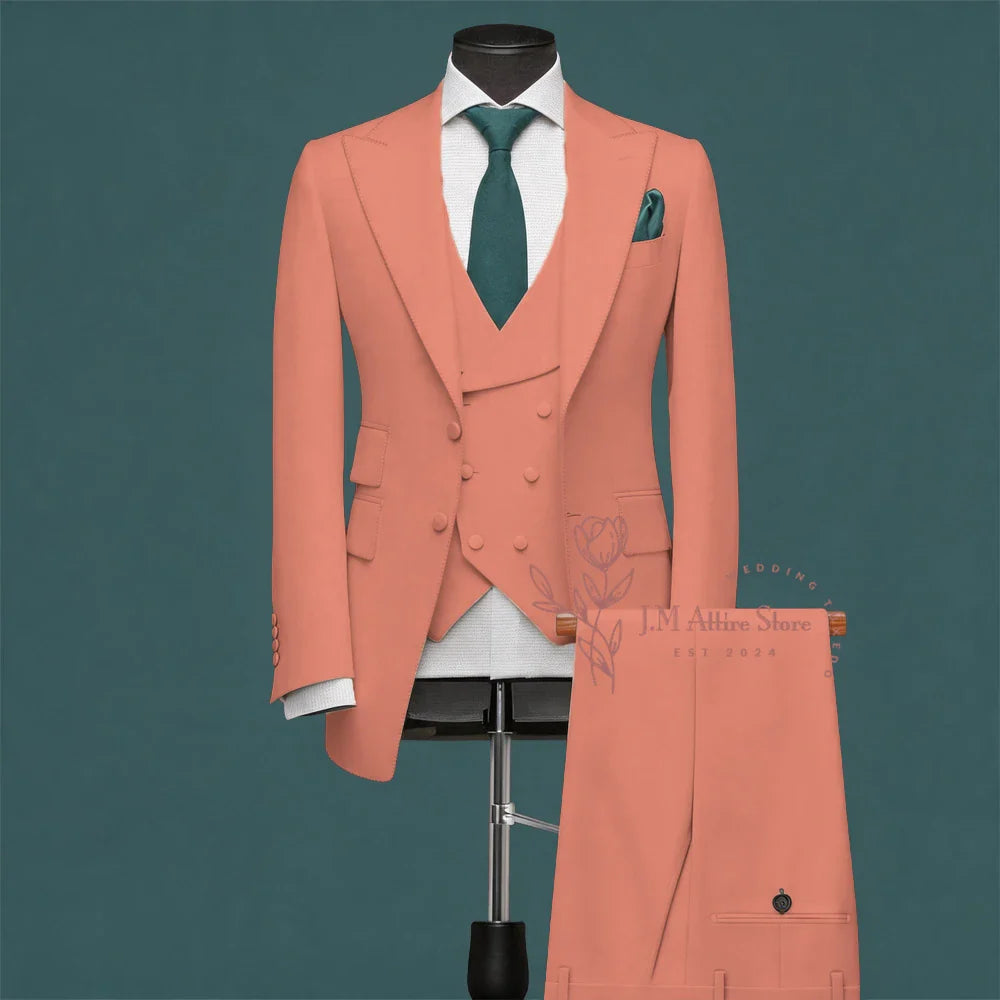 Light Green Men’s Suit Slim Fit Peak Lapel Jacket Double Breasted Vest Pants Wedding Formal 3 Piece Party Set For Groomsmen