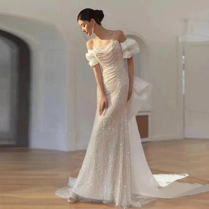 Luxury Elegant Beaded Evening Dresses 2025 New Shoulder Sequins Fishtail Dress Graduation Prom Wedding Dress Engagement Dress