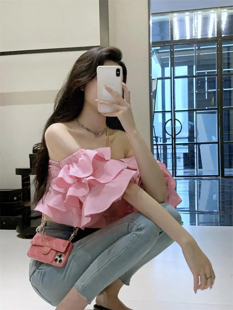 Off Shoulder Fashion Woman Blouse Stacked Ruffles Crop Top Shirt Summer Designer Short Sleeve Chiffon Sexy 2023 New