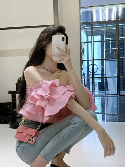 Off Shoulder Fashion Woman Blouse Stacked Ruffles Crop Top Shirt Summer Designer Short Sleeve Chiffon Sexy 2023 New