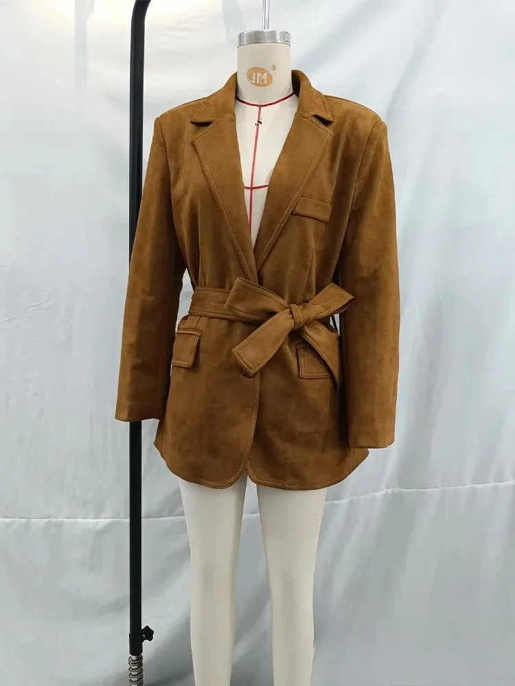 Office Lady Suede Blazer V Neck Sashes Long Pockets Blazer Fashion 2025 Fall Streetwear Outwear Winter Thick Coats