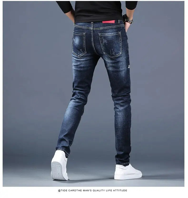 Harajuku Fashion Men's High-end Embroidered Jeans Korean Style Prints Patches Slim Fit Casual Spring Autumn Cowboy Trousers