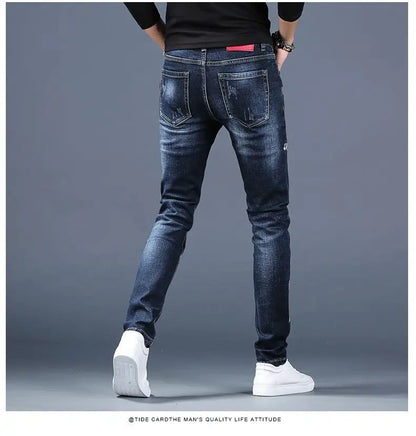 Harajuku Fashion Men's High-end Embroidered Jeans Korean Style Prints Patches Slim Fit Casual Spring Autumn Cowboy Trousers