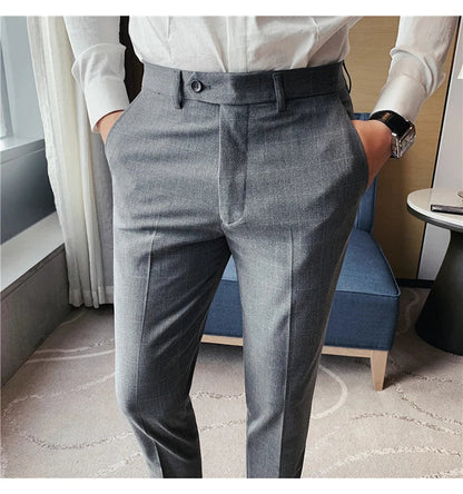2026 High Quality Men's Plaid Striped Suit Pants Fashion Business Slim Fit Casual Straight Pants Formal Wedding Party Trousers
