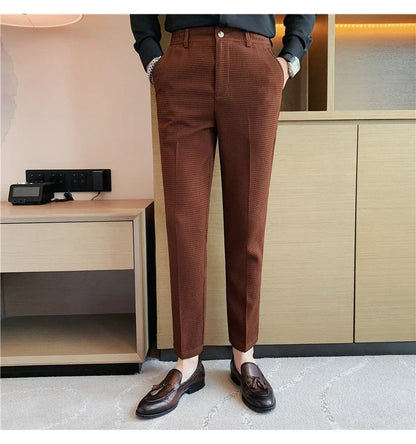 2024 Autumn New Waffle Stretch Waist Business Formal Pants Men Fashion Wedding Slim Trouser Mens Brand Social Party Suit Pants