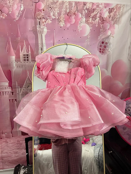 Customized Pink Flower Girl Dresses For Wedding Short Sleeves With Bow Pearls Kids Birthday Party First Communion Pageant Gown