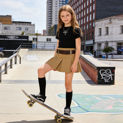 Girls Pleated Skirt Brown Casual All-match Cargo Skirt for Kids 3-13 Years Children Short A-line High Waist Tutu Skirt with Belt