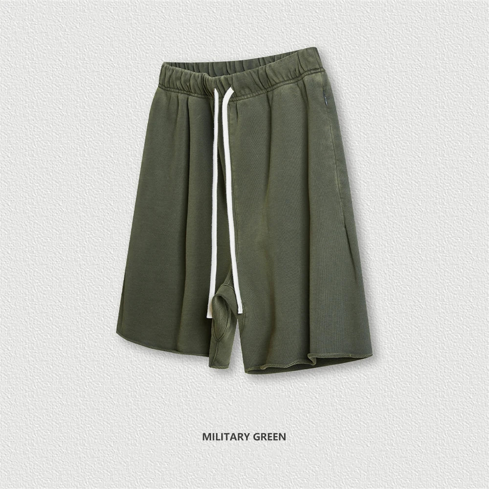 New Summer Men Retro Washed Shorts Unisex Drawstring Loose Edge 420gsm Solid Knee Length Cotton Pants Streetwears HY0589