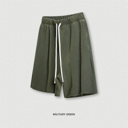 New Summer Men Retro Washed Shorts Unisex Drawstring Loose Edge 420gsm Solid Knee Length Cotton Pants Streetwears HY0589