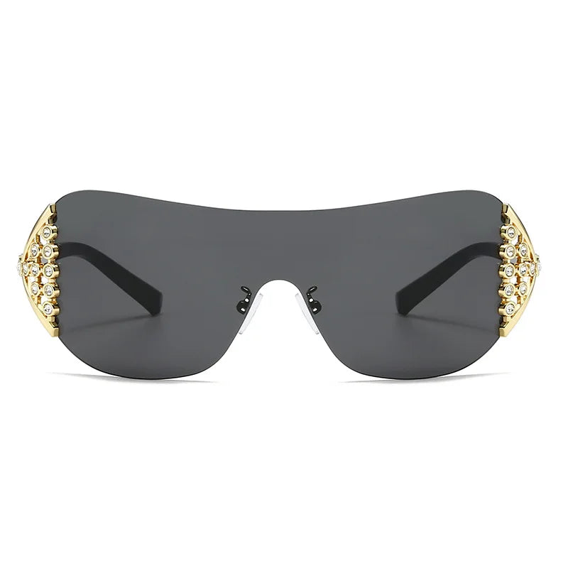 2025 New Ins Diamond Sunglasses Women One-piece Lenses Fan-shaped Sun Glasses Ladies Y2K Trendy Rimless Alloy Legs Punk UV400