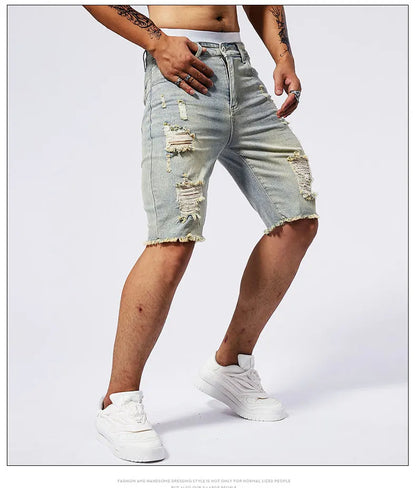 Vintage Denim Shorts Men's American Stretch Slim Jeans Fashion Ripped Streetwear Male Hole Frayed Short Pants Blue Black