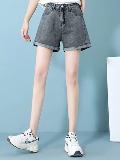 Summer 2024 New Women Rolled Edge Hot Denim Shorts Lady Korean Mini Pants Girls Elastic Blue Black Black Gray A Line Short Jeans