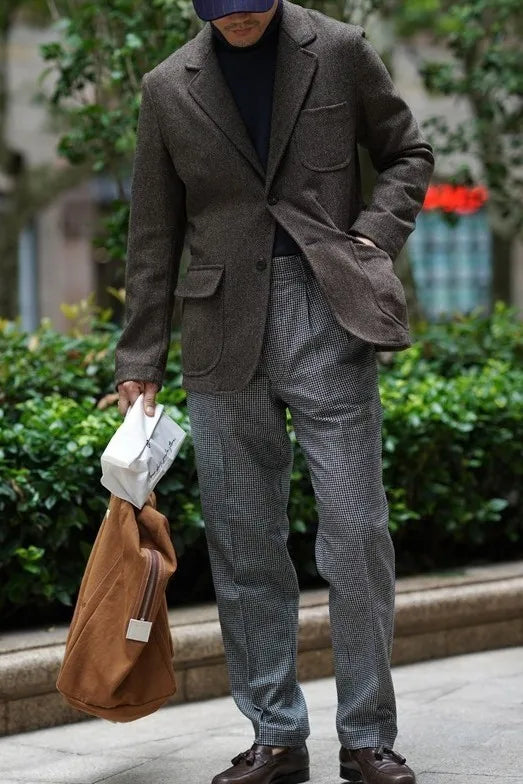 Spring Men's Peaky Blinders British Retro Tweed Wool Herringbone Hunting Casual Blazer