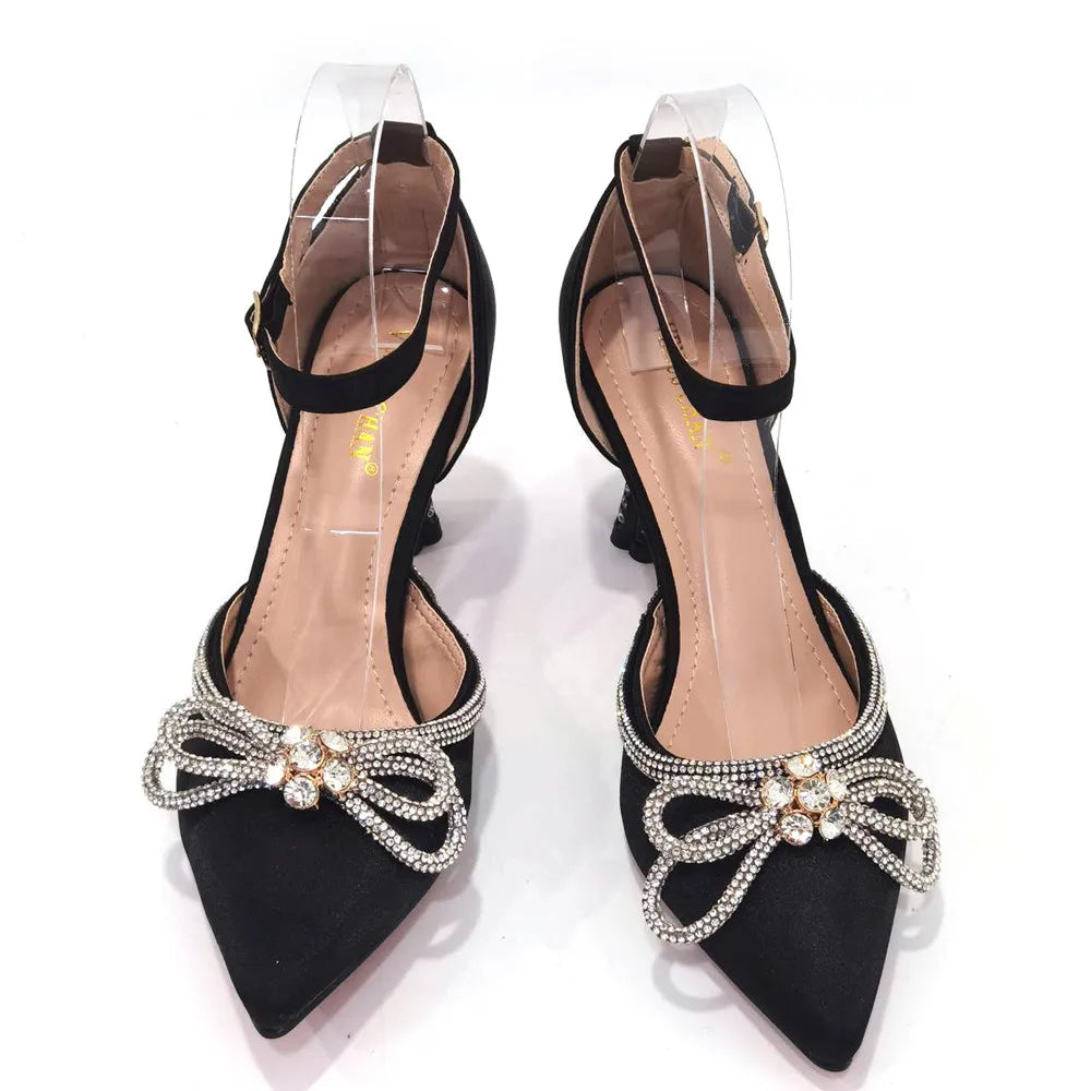2023 Ladies Pointed-Toe Party High Heels Magenta Colour Bow Rhinestone Stereo Bag Evening  African Wedding Shoe And Bag Set