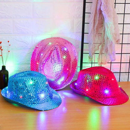 Unisex Light Up Flashing Led Fedora Trilby Jazz Hat Panama Cap Sequin