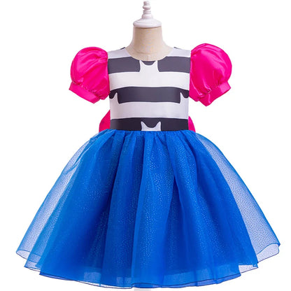 Girls Striped Bubble Sleeve Princess Dress Gabby Doll Cat Hous Cosplay Bow Mesh Fluffy Costume Kid Halloween Birthday Party Gown
