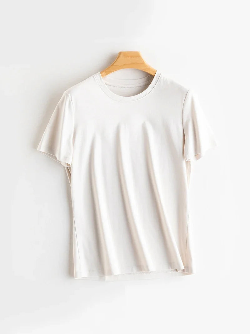 Women Solid T shirts, Silk Cotton Blend, O Neck, Short Sleeved Solid Tee,2025 Summer Candy Colors Basic Cozy Top Green