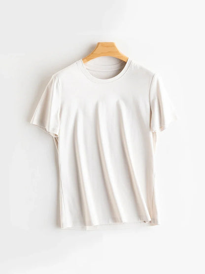 Women Solid T shirts, Silk Cotton Blend, O Neck, Short Sleeved Solid Tee,2025 Summer Candy Colors Basic Cozy Top Green