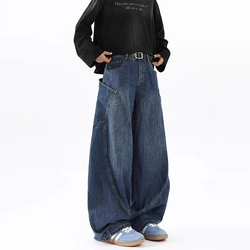 Korean Retro Men'S Jeans Fashion Large Pocket Design Curved Knife Jeans Straight Leg Pants Letter Embroidered Baggy Jeans Y2k