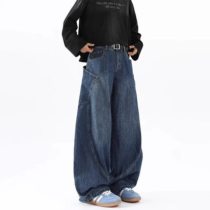 Korean Retro Men'S Jeans Fashion Large Pocket Design Curved Knife Jeans Straight Leg Pants Letter Embroidered Baggy Jeans Y2k