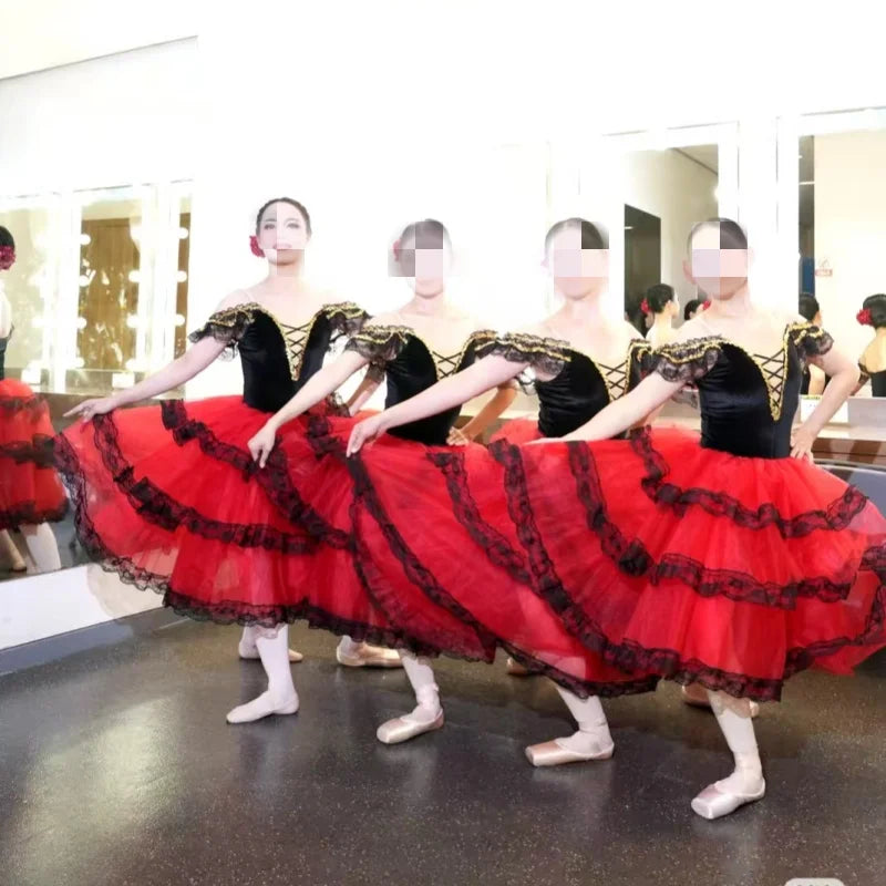 Professional Ballet Romantic Tutu Long Skirt Black Red Spain Dress Girls Adult Children's Performance Ballet Clothes For Women