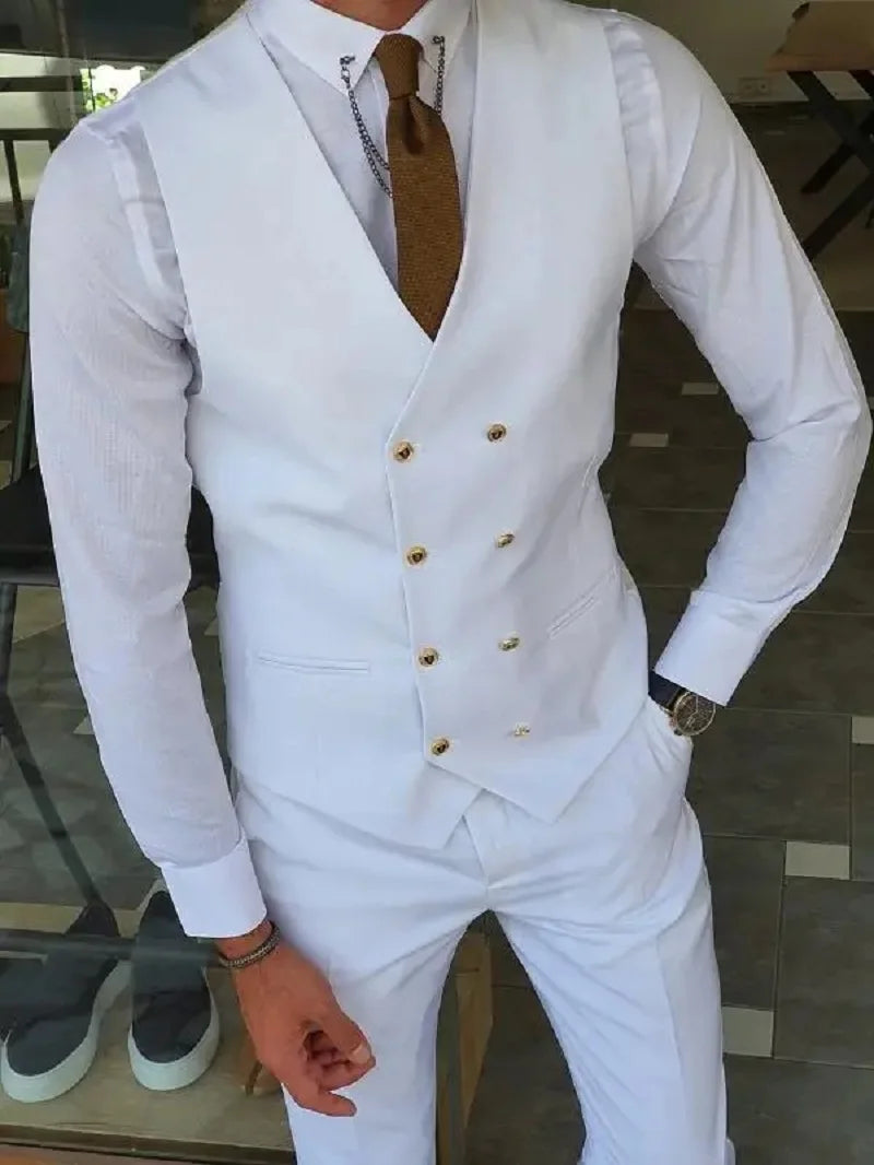 Men Suit Slim Fit (Jacket+Pants+Vest) Handsome White 3 Piece Groom Tuxedos For Wedding Formal Prom Suit Party Evening Terno
