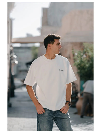2026 Summer New Super Loose Heavyweight 320gsm 100% Cotton Washed Vintage T-shirts Men Plus Size Logo Embroidery Tops