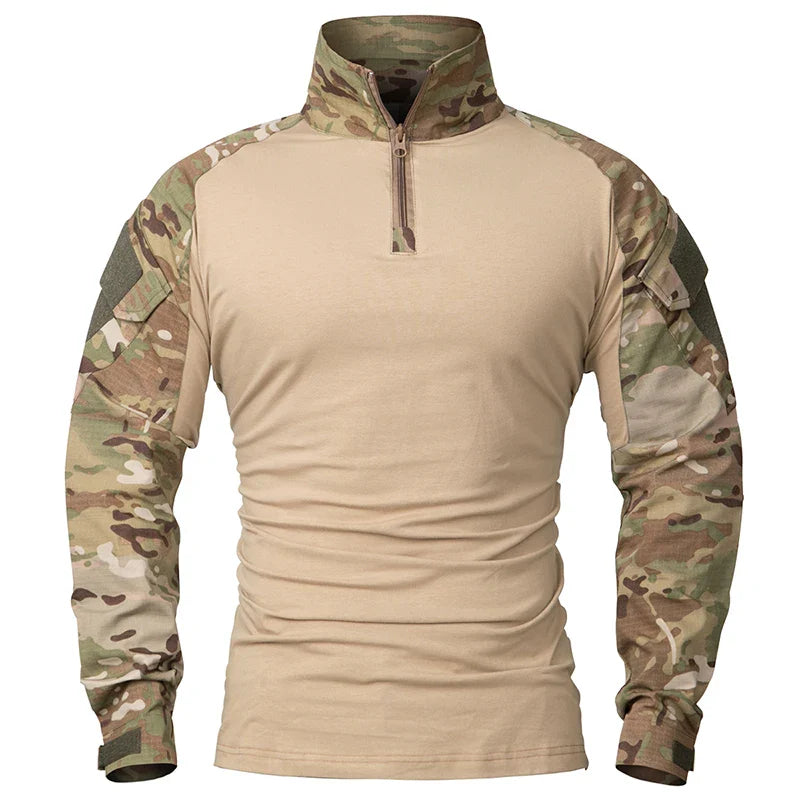 Men's Long Sleeve Combat Shirt 1/4 Zipper Ripstop Cotton Tactical Shirts Navy Blue Camoufalge Airsoft T Shirts