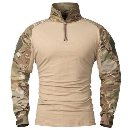 Men's Long Sleeve Combat Shirt 1/4 Zipper Ripstop Cotton Tactical Shirts Navy Blue Camoufalge Airsoft T Shirts